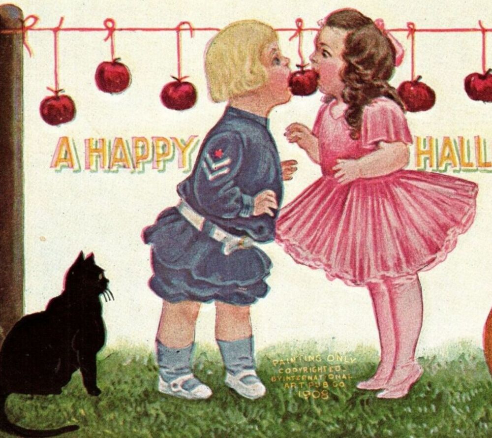 Halloween Postcard International Arts Boy Girl Black Cat Apples Embossed 1908